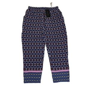 Zara Navy Blue Patterned Ankle Pants with Pink Accent